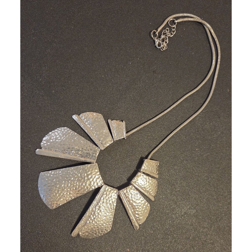 Silver Tone Hammered Bib Necklace  Brutalist Ethnic Modern Boho ~ 24" See Photo